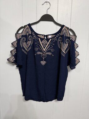 Alya Navy Blue Embroidered Cold Shoulder Top Boho Scalloped Sleeves